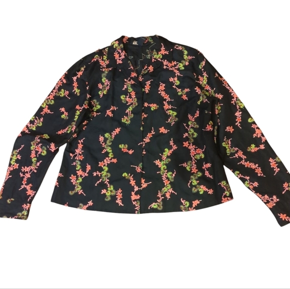 British Khaki Silk/ Linen Black Floral Beaded Snap Front Old Money Shirt Sz L - Picture 11 of 12